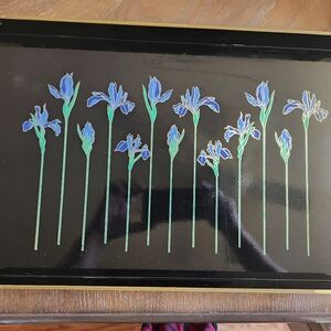 Otagiri Black Lacquer Tray with Blue and Green Iris Motif